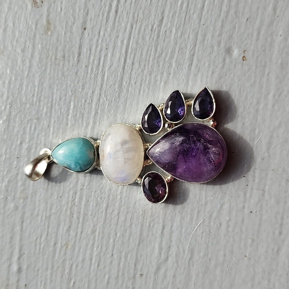 Moonstone, larimar and chariote pendant